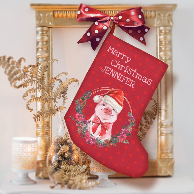 Christmas Pig Cute Piglet Bow Wreath Polka Dots Liten Julstrumpa (Skapare uppladdad)