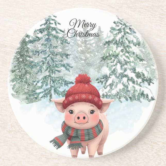 Christmas Pig Sandstone Coaster Underlägg (Framsidan)