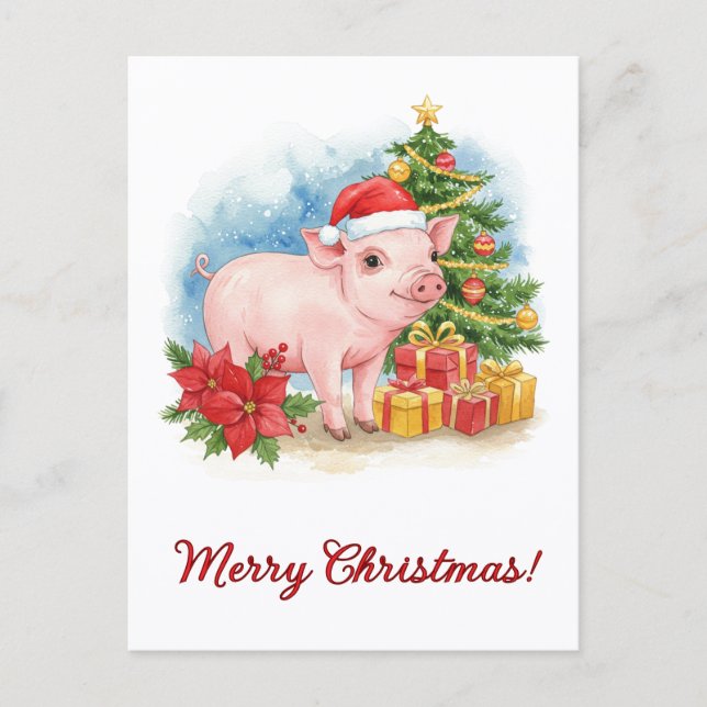 Christmas Piglet Postcard Holiday Watercolor Art Vykort (Framsida)