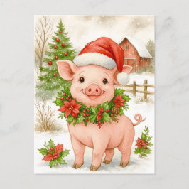Christmas Piglet Watercolor Postcard Helg Vykort