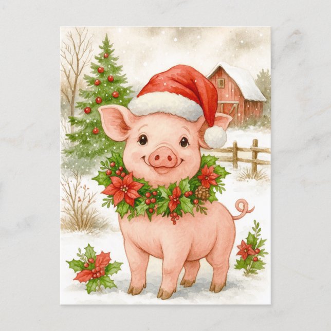 Christmas Piglet Watercolor Postcard Helg Vykort (Framsida)