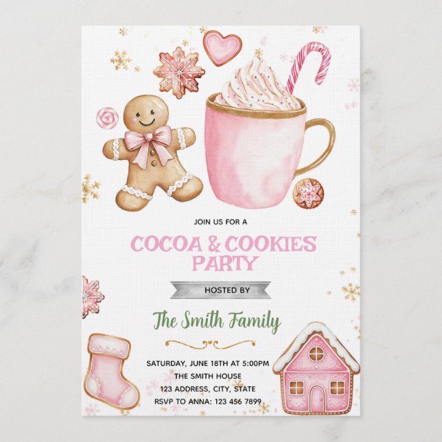 Christmas pink Cookies and Cocoa invitation Inbjudningar (Framsida)