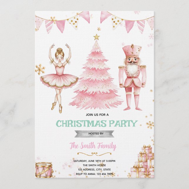 Christmas pink sugar plum nutcracker Invitation  Inbjudningar (Framsida)