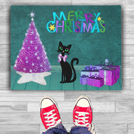 Christmas Pink Tree Black Cat Wrapped Gifts Teal