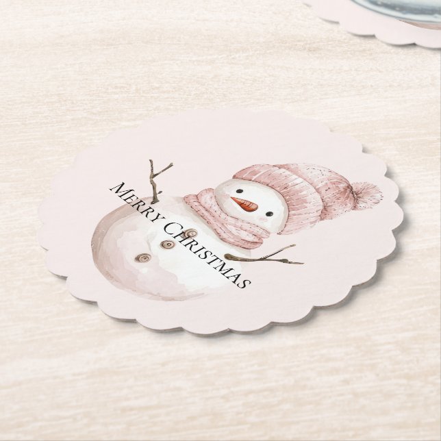 Christmas Pink White Snowman Underlägg Papper (Vinklad)