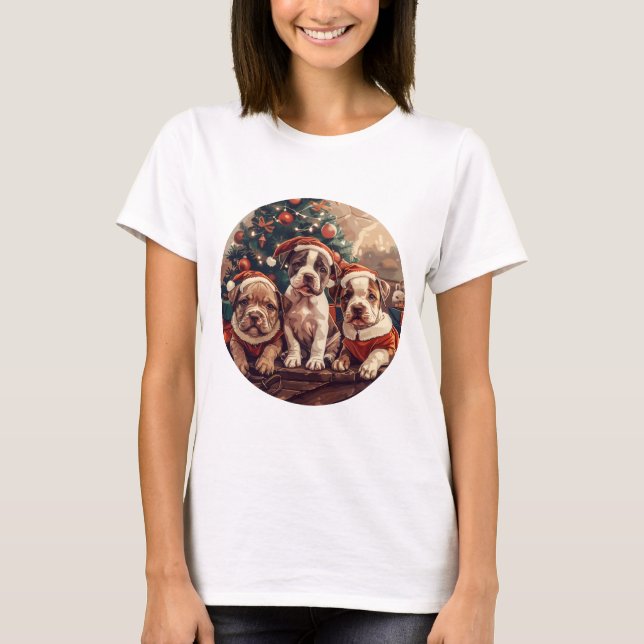 Christmas Pit Bull Puppy Dogs T Shirt (Framsida)
