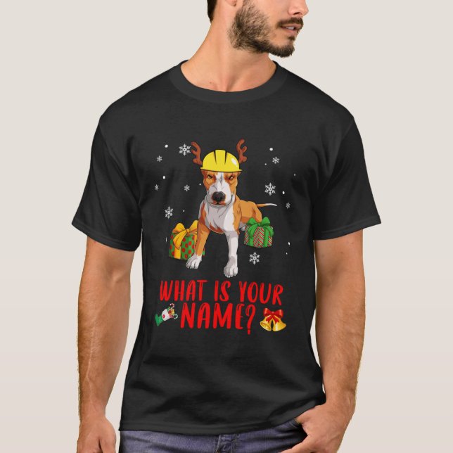 Christmas Pitbull Dog In A Reindeer Construction H T Shirt (Framsida)