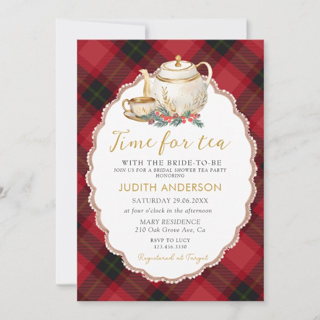 Christmas Plaid Tea Party Bridal Shower Invitation Inbjudningar (Framsida)