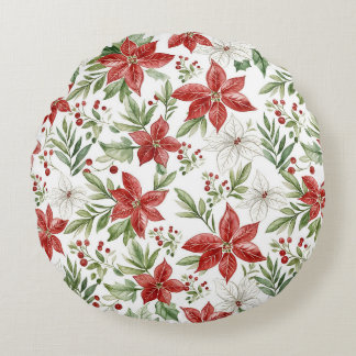 Christmas Poinsettia in Red and White  Rund Kudde