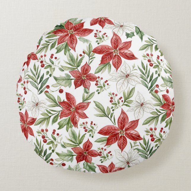 Christmas Poinsettia in Red and White  Rund Kudde (Framsidan)