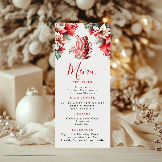 Christmas Poinsettia Tea Party Flat Menu Meny (Christmas Poinsettia Tea Cup Menu Card)