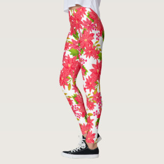 Christmas Poinsettia White Leggings