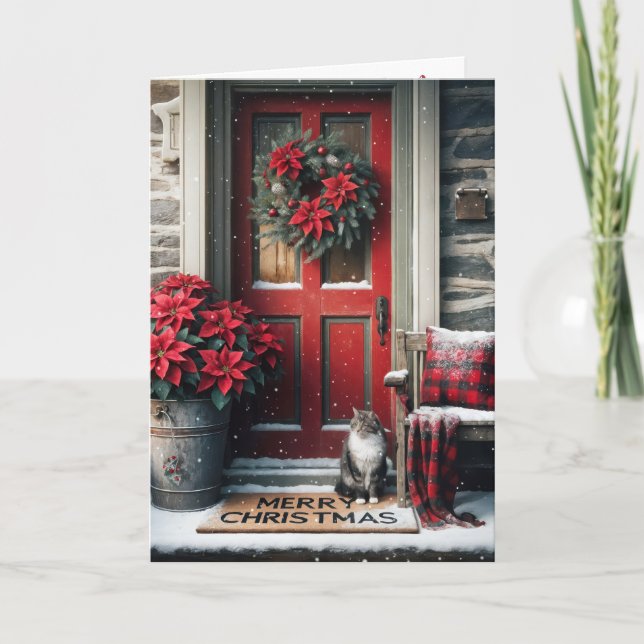 Christmas Poinsettias and Tabby Cat On Doormat Helgkort (Framsida)
