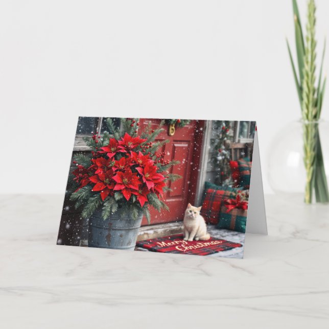Christmas Poinsettias and White Cat On Doormat Helgkort (Framsida)