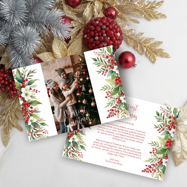 Christmas Poinsettias Holly Floral Family Photo Julkort (Christmas Inspirations Poinsettias &Holly Sweet Floral Family Photo Holidays Cards.)