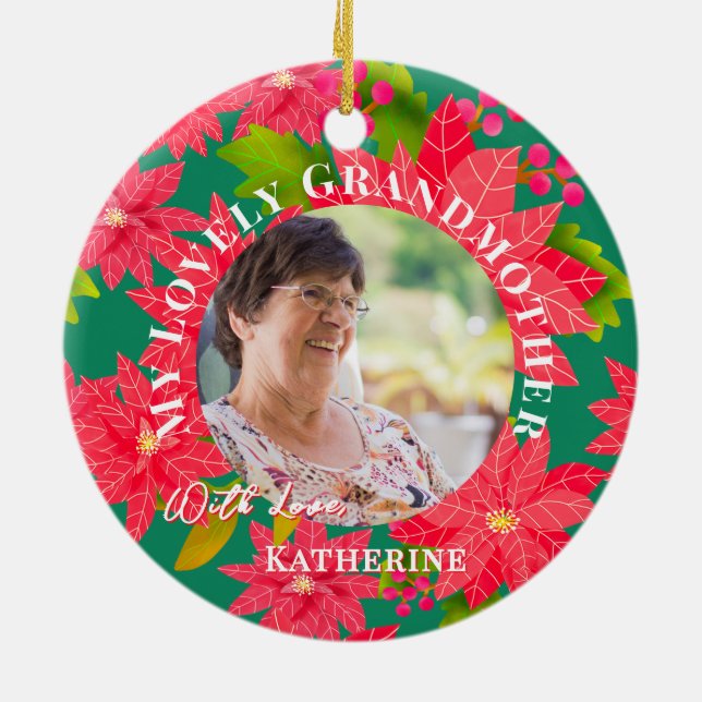 Christmas Poinsettias Red Photo Grandmother Teal Julgransprydnad Keramik (Baksidan)