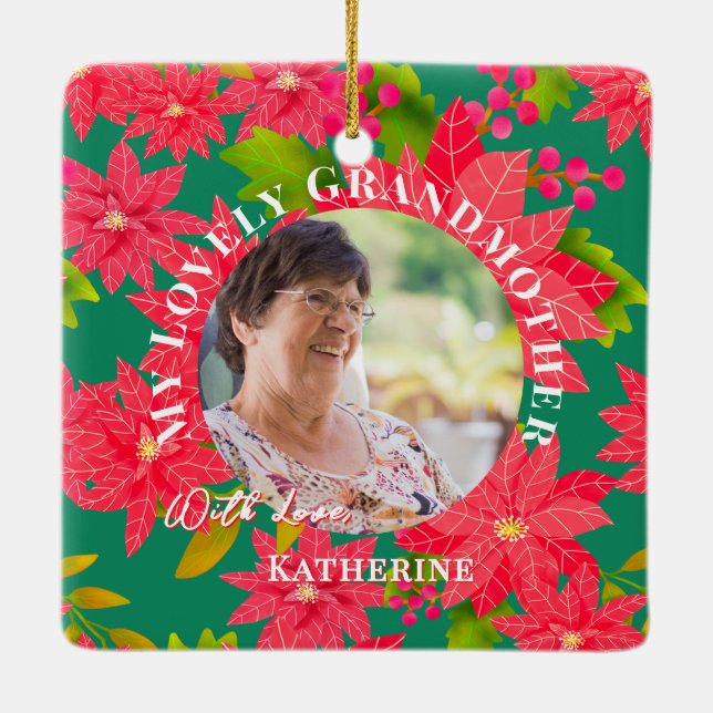 Christmas Poinsettias Red Photo Grandmother Teal Julgransprydnad Keramik (Baksida)