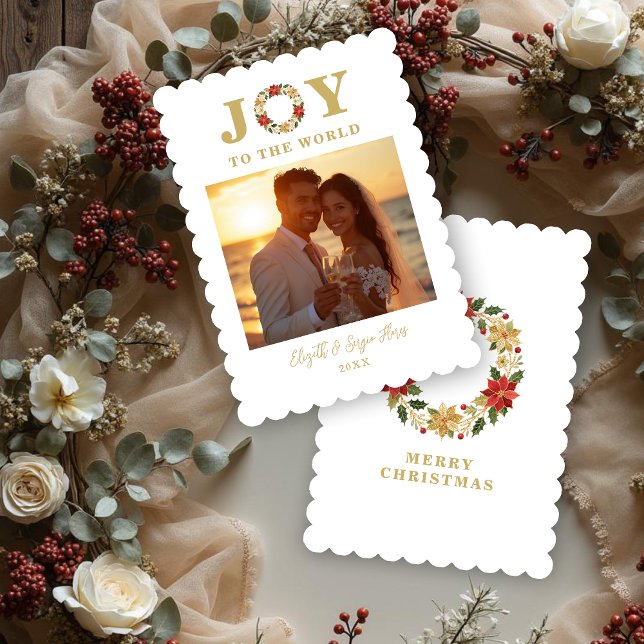 Christmas Poinsettias Wreath Mexican Embroidery Julkort (Christmas Poinsettias Wreath Mexican Embroidery Style Holiday Cards with Photo and Joy to the World.)