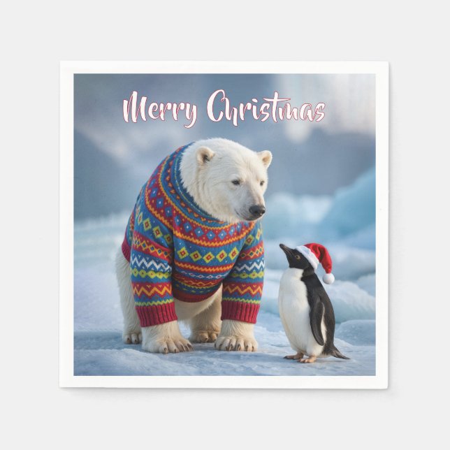 Christmas Polar Bear and Penguin On a Glacier Pappersservett (Framsidan)