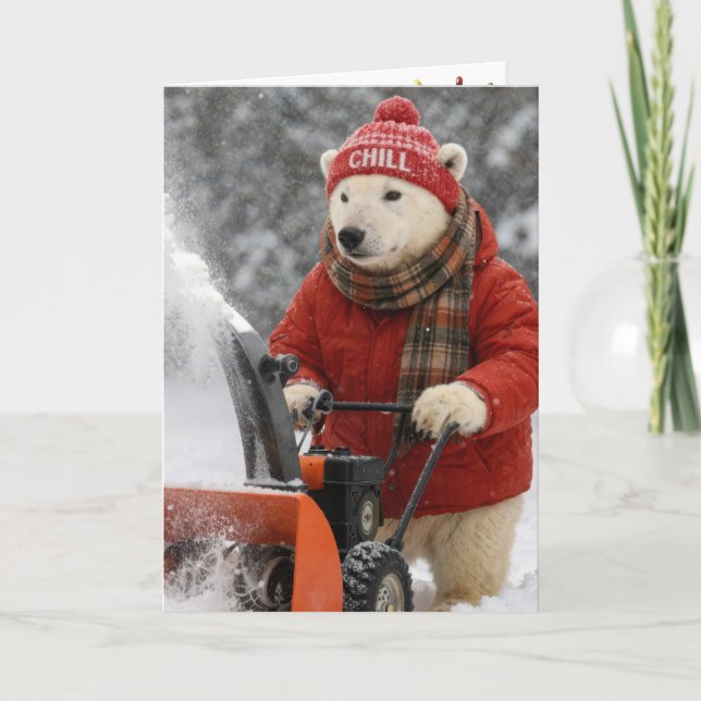Christmas Polar Bear Pushing a Snowblower Kort (Framsida)