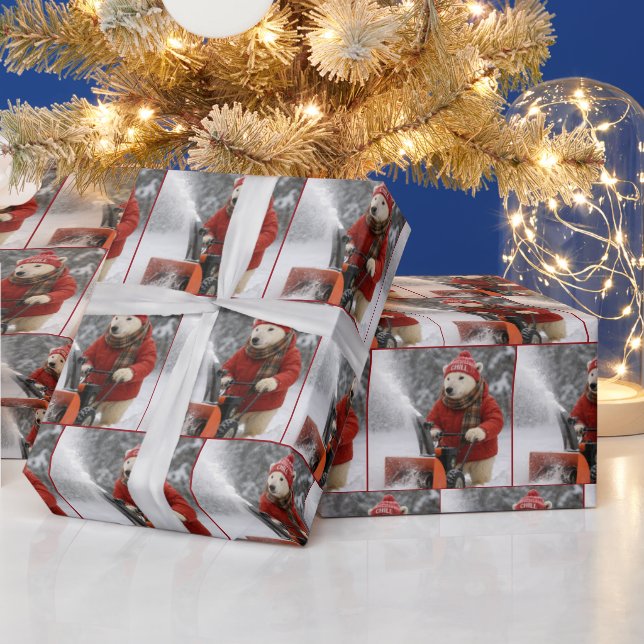 Christmas Polar Bear Pushing a Snowblower Presentpapper (Helgdagar)