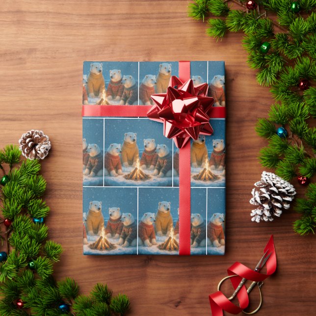 Christmas Polar Bears Around a Bonfire Presentpapper (Julgåva)
