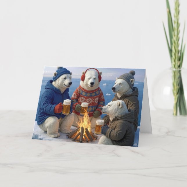 Christmas Polar Bears Drinking Around a Campfire Helgkort (Framsida)