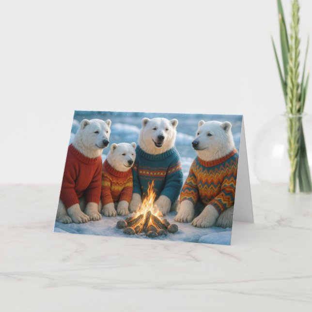 Christmas Polar Bears Gathering Around a Bonfire Kort (Framsida)