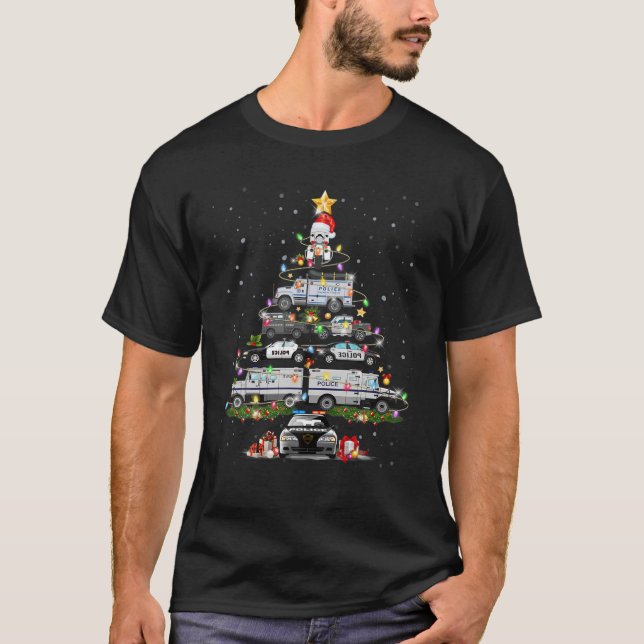 Christmas Police Car Hat Santa Lover Light In Snow T Shirt (Framsida)