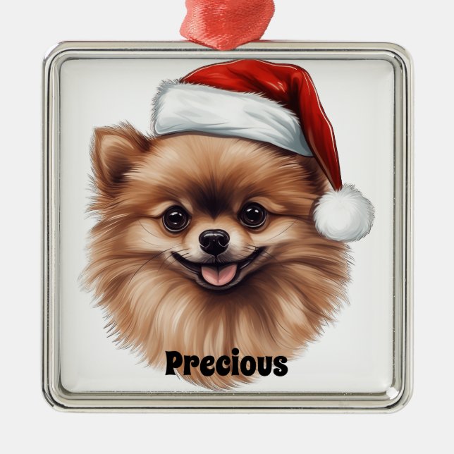 CHRISTMAS POMERANIAN HUND MED SANTA HAT JULGRANSPRYDNAD METALL (Framsidan)
