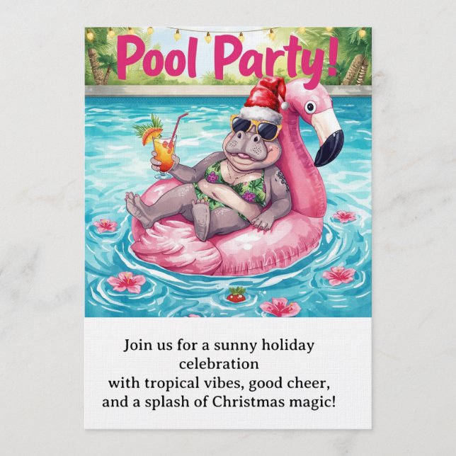 Christmas Pool Party  Cute Hippo on Flamingo Float Inbjudningar (Framsida)