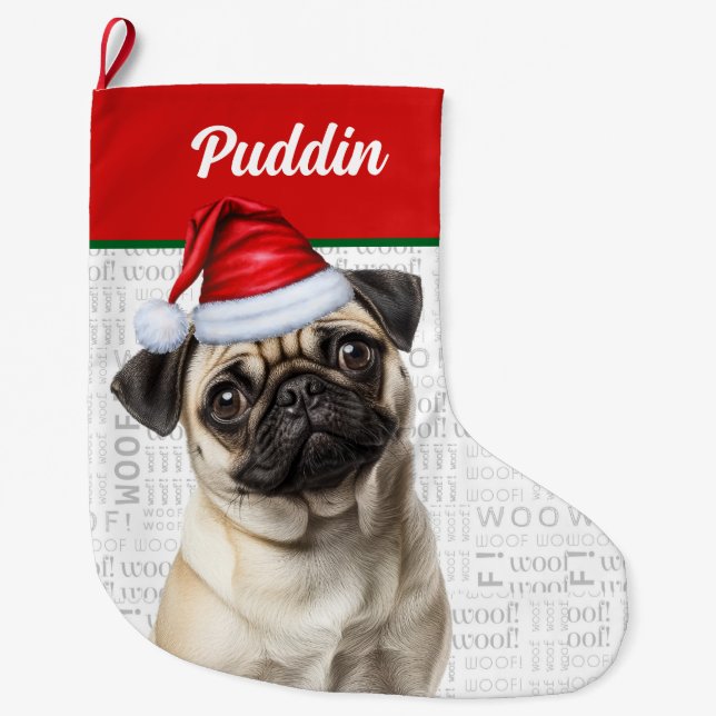 Christmas Pug Dog with Name Woof Stor Julstrumpa (Framsidan)