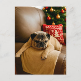 Christmas Pug Postcard Cozy Holiday Evening Vykort