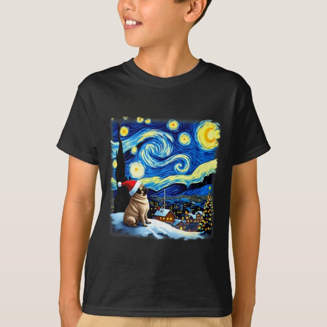 Christmas Pug Starry Night  T Shirt (Framsida)