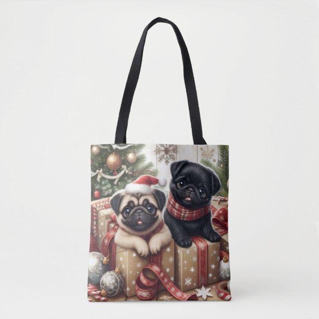 Christmas Pug Tote Bag Tygkasse (Framsida)