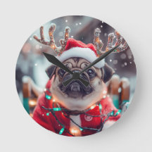 Christmas Pug Wall Clock with Reindeer Antlers - F