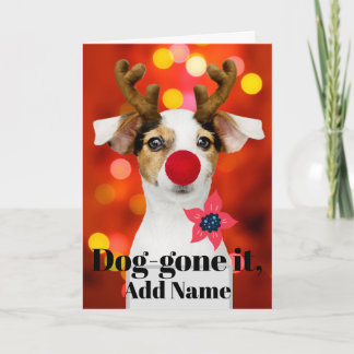 Christmas Pup Antlers Add Name Holiday Card Helgkort