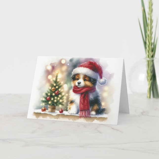 Christmas Puppy with Santa Hat and Red Scarf Blank Kort (Framsida)