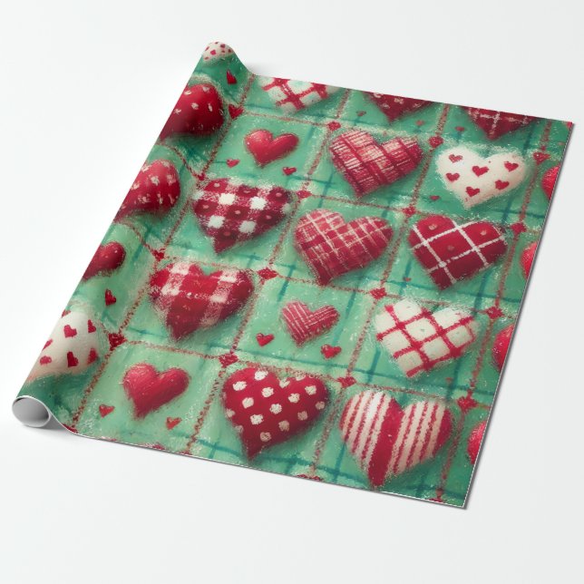 Christmas Quilted Hearts Green Red White  Presentpapper (Utrullad)