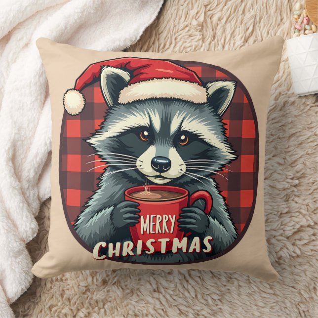 Christmas Raccoon Cocoa Cheer Kudde (Filt)