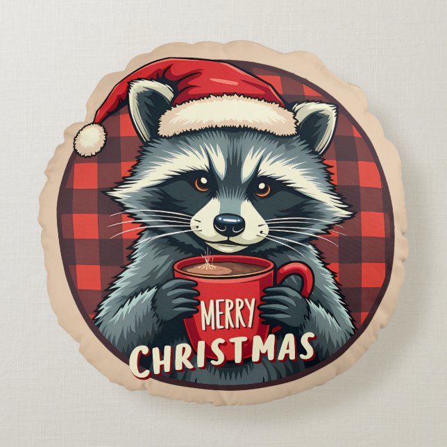 Christmas Raccoon Cocoa Cheer Rund Kudde (Framsidan)
