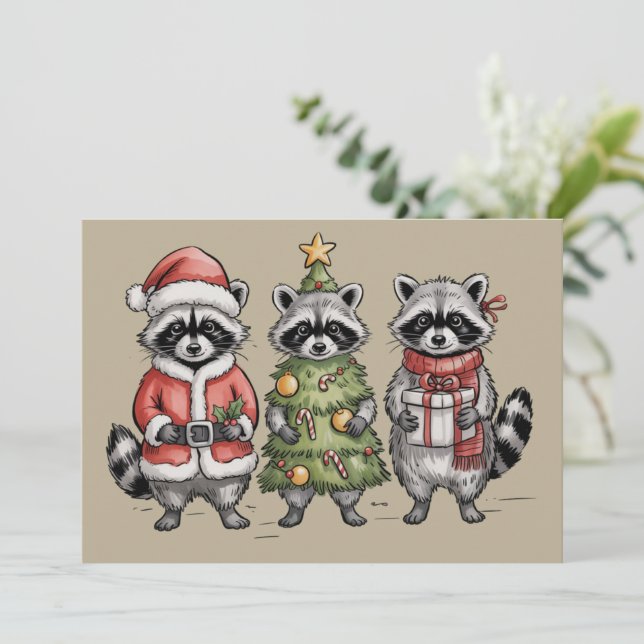 Christmas Raccoons Woodland Trio Santa Tree Animal Julkort (Stående Fram)