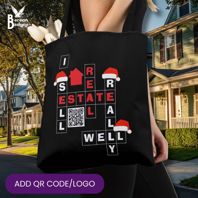 CHRISTMAS Real Estate SELL REALLY WELL QR Realtor Tygkasse (Fun Realtor I SELL REAL ESTATE REALLY WELL Christmas tote bag with crossword and custom QR code/logo)
