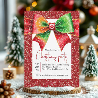 Christmas red and green bow and snowflakes party inbjudningar