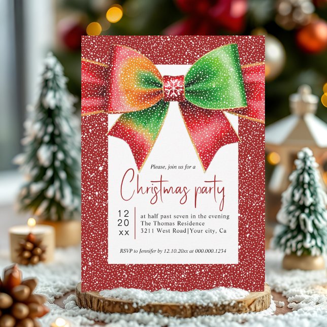 Christmas red and green bow and snowflakes party inbjudningar (Skapare uppladdad)