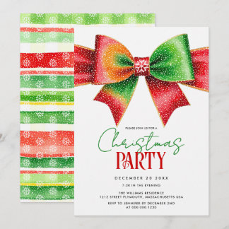 Christmas red and green bow and stripes party inbjudningar