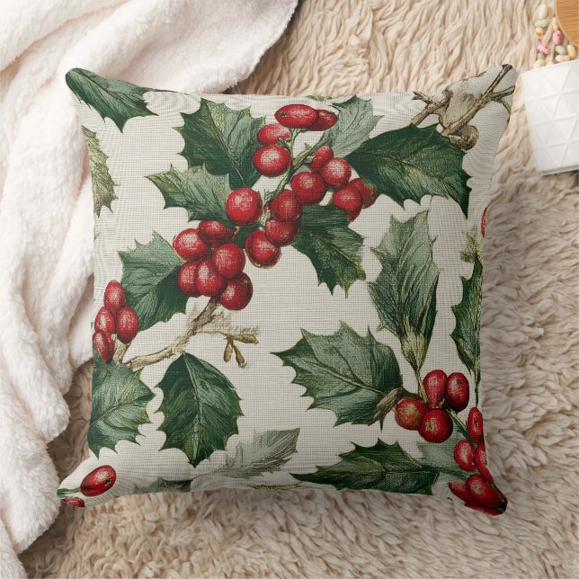 Christmas Red Berry Holly On Faux Linen Kudde (Filt)