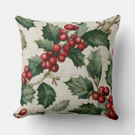Christmas Red Berry Holly On Faux Linen Kudde