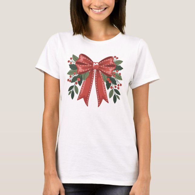 Christmas Red Bow with Holly and Berries Festive T Shirt (Framsida)