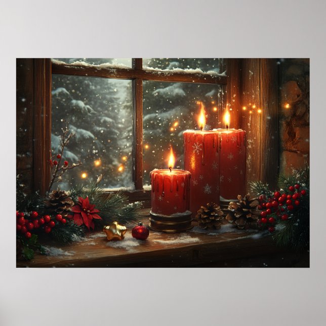 Christmas Red Candles Wintery Window Poster (Framsidan)